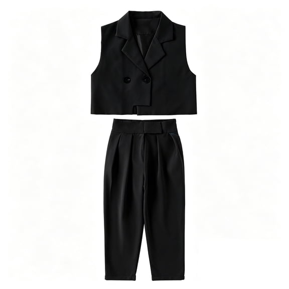 Girls Lapel Cropped Blazer Vest and High Waist Pleated Wide Leg Pants 2 Piece Suit Set, Kids Elegant Business Casual Matching Outfit for School Daily Party Wear(Black,11-12 Years)