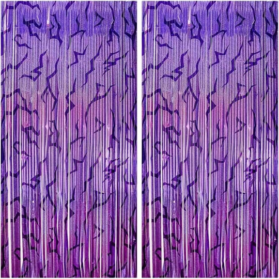 3PCS Foil Fringe Curtains Purple Gradient Holographic Backdrop with Demon Energy Pattern, 6.6ft Streamer Decorations for Birthday Graduation Bachelor Party