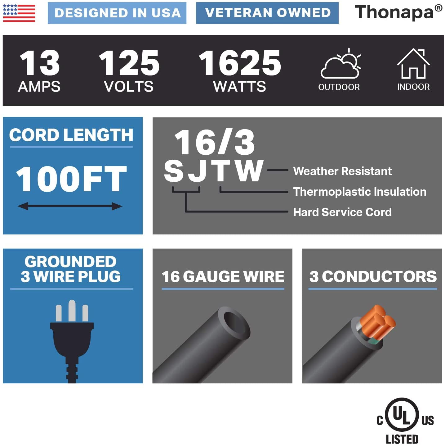 Thonapa 100 Ft Black Extension Cord - 16/3 Electrical Cable with 3 Prong Grounded Plug for Safety