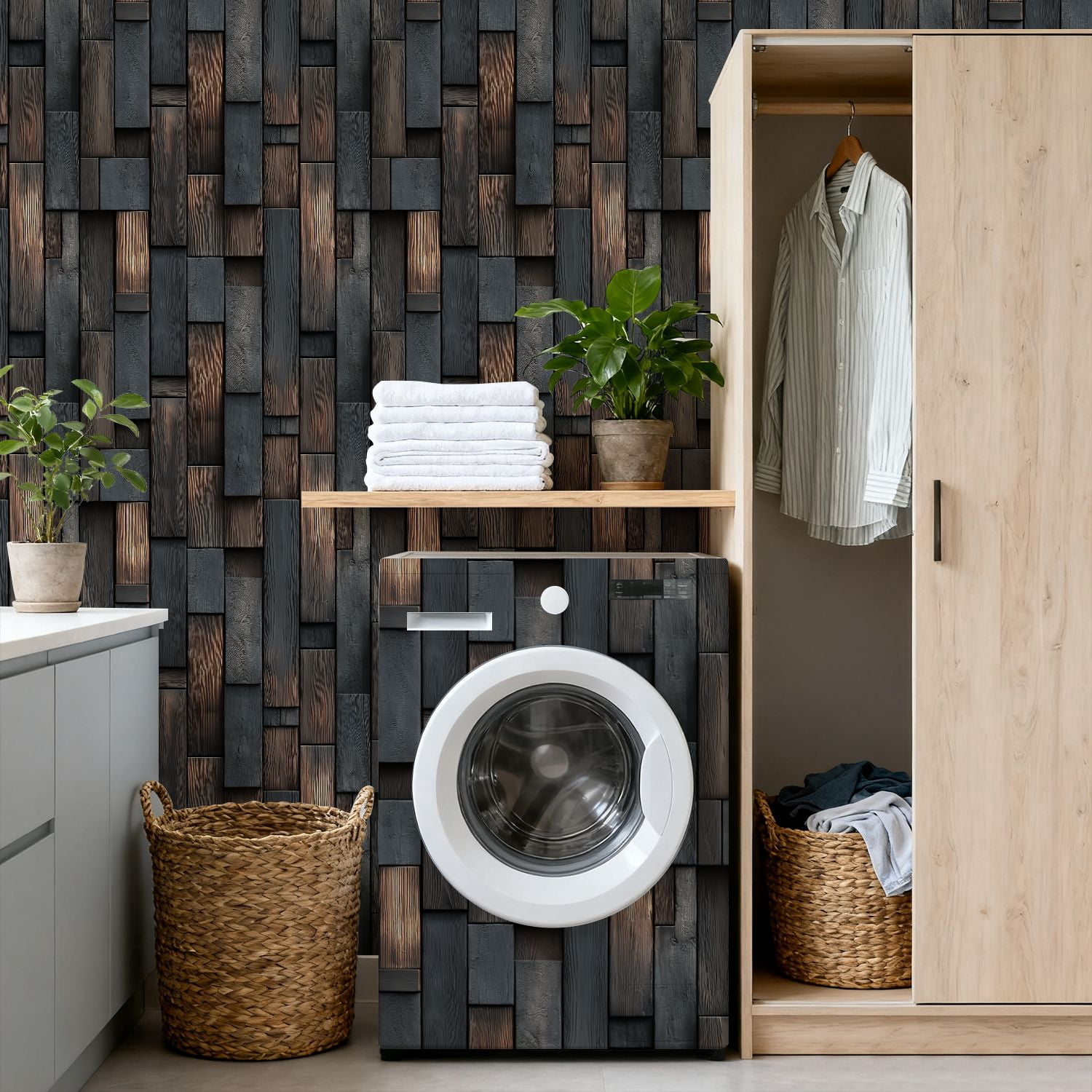 Peel and Stick Wallpaper Dark Charcoal Wood Paneling Natural Grain Patterns Wall Mural 17.7in x 9.8ft Self Adhesive Removable Wall Paper Renter Friendly Wallpaper for Nursery Bedroom Cabinets