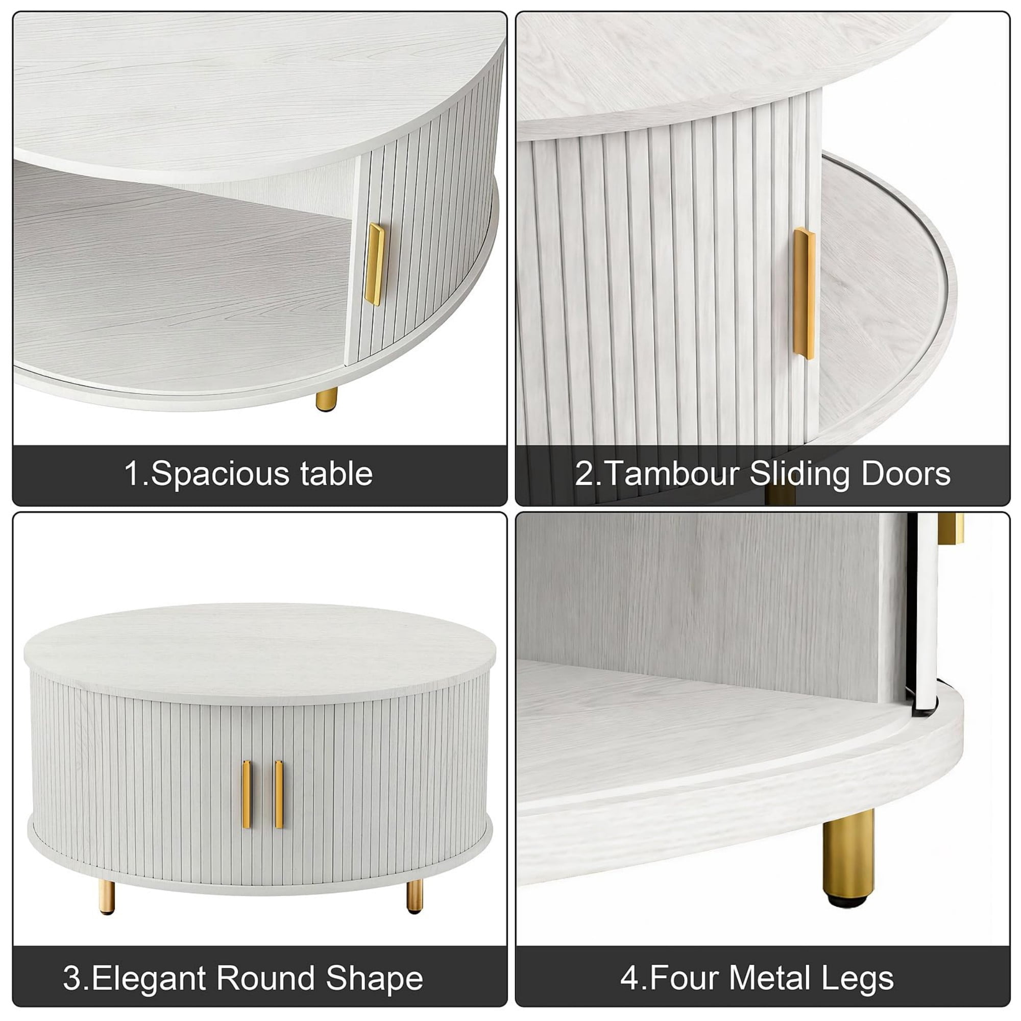 31.5" Round Coffee Table, Mid Century Modern Fluted Coffee Table with 360° Sliding Tambour Door & Storage, White