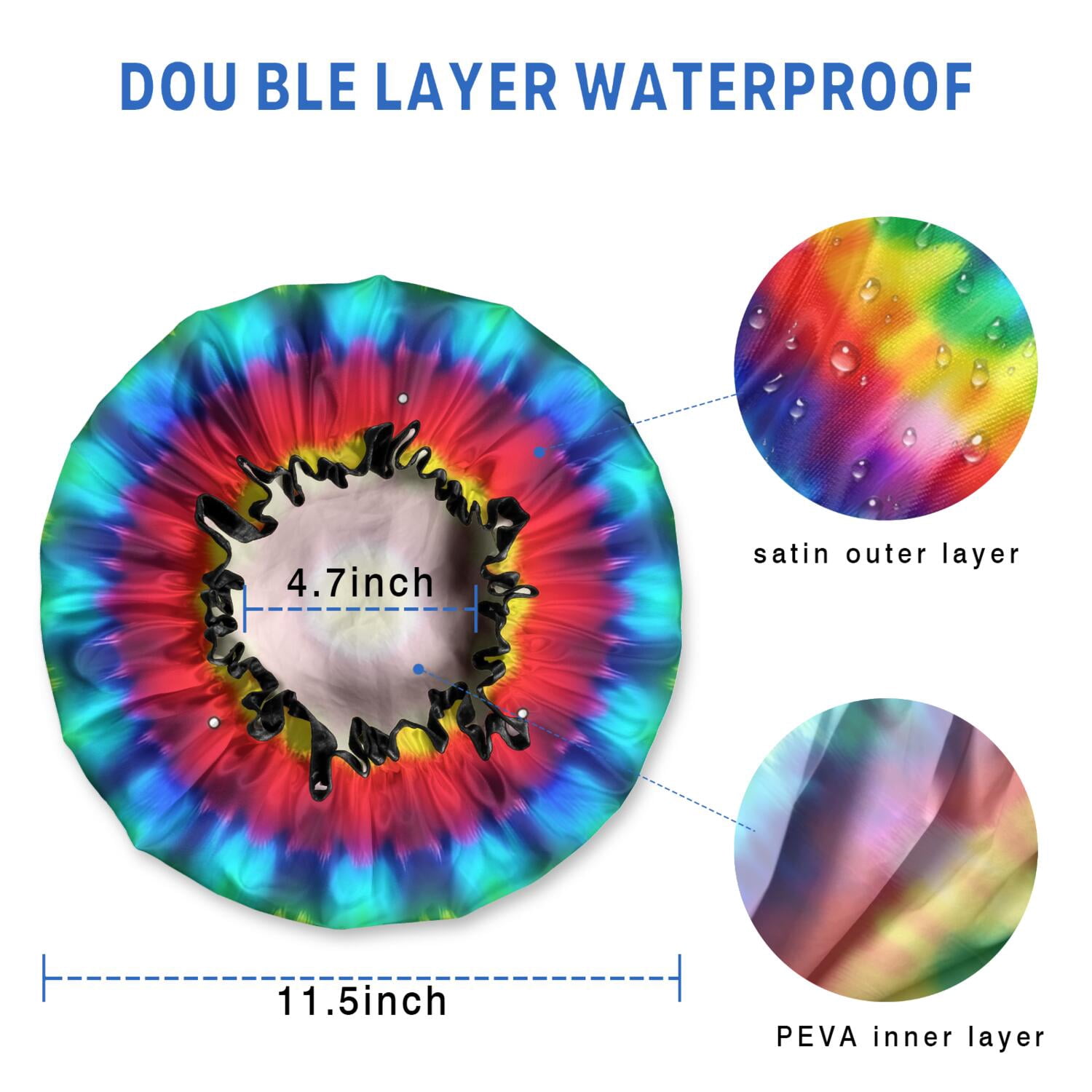 Shower Caps,Rainbow Tie Dye Circular Pattern Waterproof Shower Cap for Women 4 Pieces,Double Reusable Hair Cover for Shower PEVA Elastic Stretch Hem