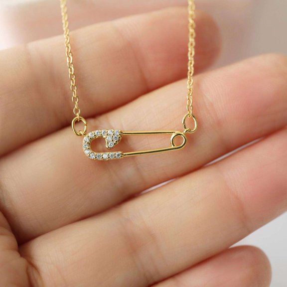 0.25CT Simulated Diamond 925 Silver Safety Pin Pendant 14k Yellow Gold Plated