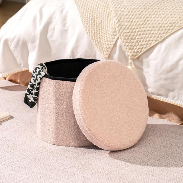 PINPLUS Pouf Rose de 15 Pouces, avec Rangement, Repose-Pieds Pliable pour Salon, Coffre à Jouets, Siège de Rangement, Repose-Pieds Rond en Forme de Teddy