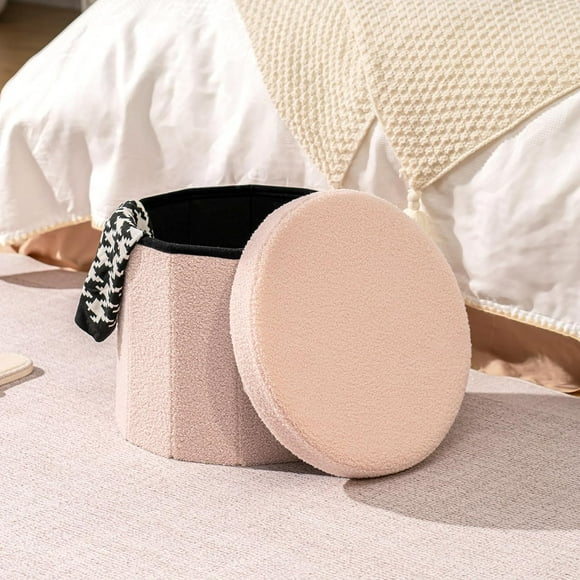 PINPLUS 15" Pink Ottoman with Storage, Foldable Footstool for living room, Toy Chest, Storage Seat, Teddy Round Shape Footrest