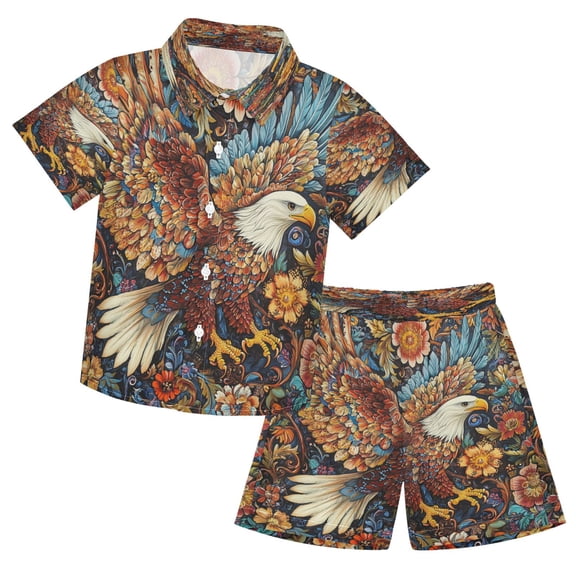 YAZAOO Button-Down Shirts Summer Shorts Sets Fashion Ornate Eagless Artwork Pattern Casual Set