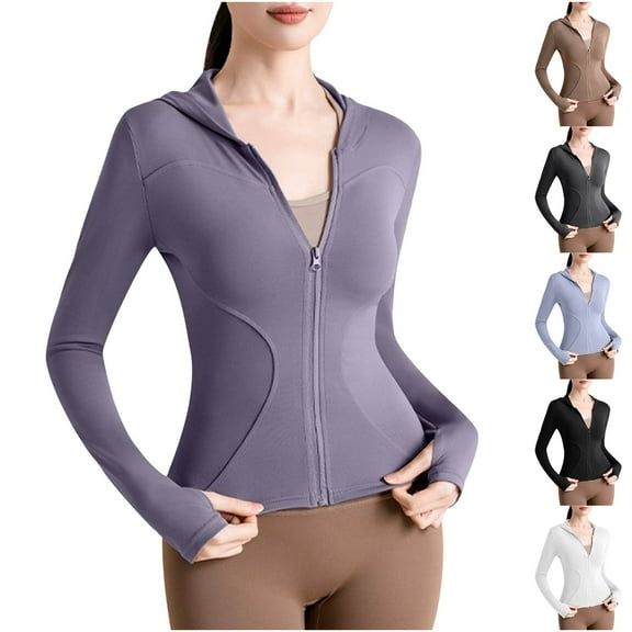 UVEASISHA Long Sleeve Sun Hoodie for Women Cropped Lightweight Stretchy Running Track Jackets Full Zip Slim Fit Yoga Jacket with Thumb Holes Black M