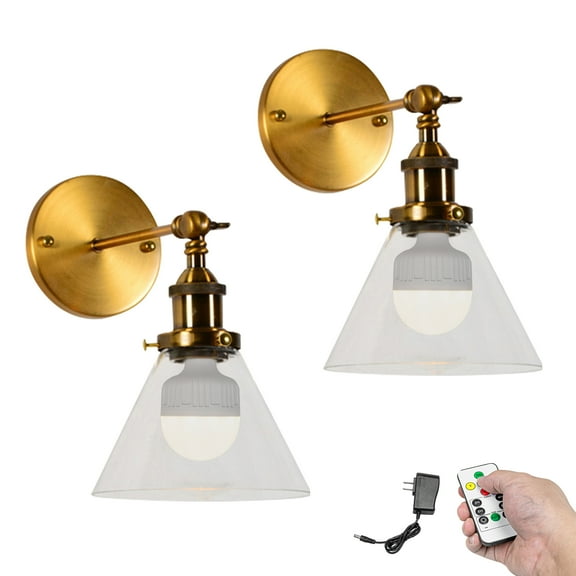 Kiven Battery Operated Wall Sconces, Vintage Cordless Sconce with Rechargeable LED bulb and Glass Shade,Dimmable,Timing, Set of 2