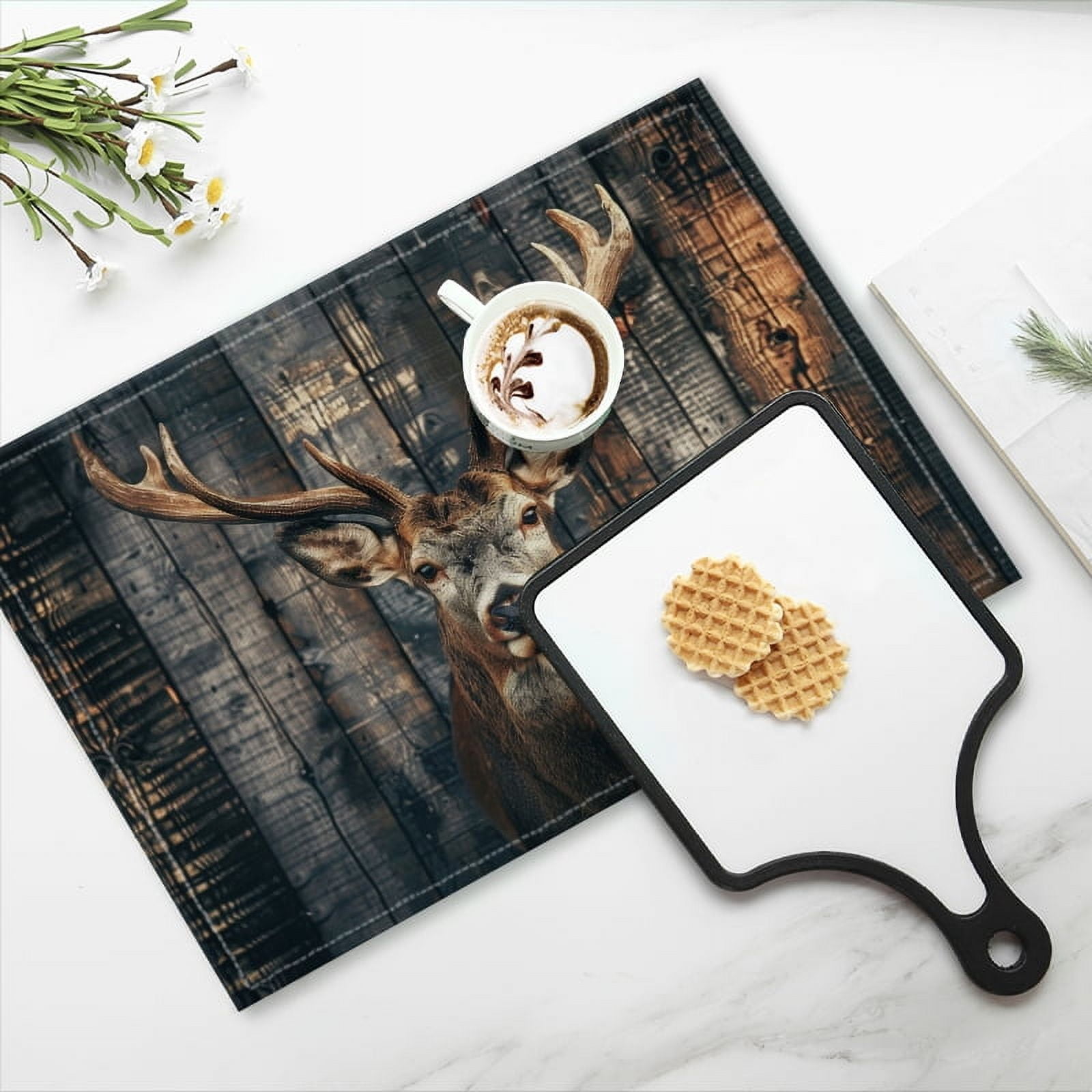 BaHomeck placemats Set of 4 rectangle Linen Cotton Placemats for Dining Table Washable Heat Resistant,18*12inch,Photograph Of Deer With Impressive Antlers Against Old Wooden Wall
