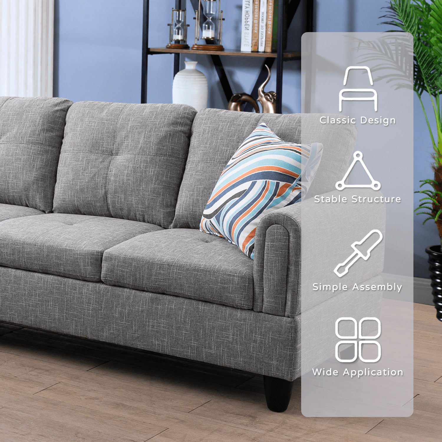 Aukfa Sectional Sofa, Living Room Couch with Storage Ottoman, Left Facing, 2Pillows, Flannel, Gray