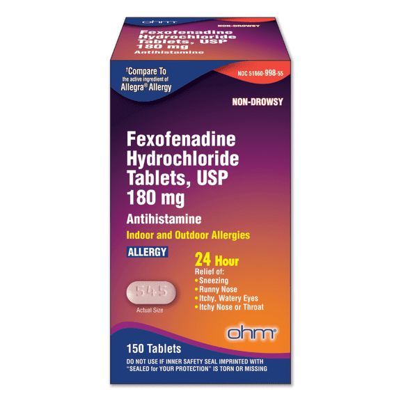 Ohm Fexofenadine Hydrochloride Antihistamine Allergy Relief Tablets, Non-Drowsy, 180mg, 150 Ct