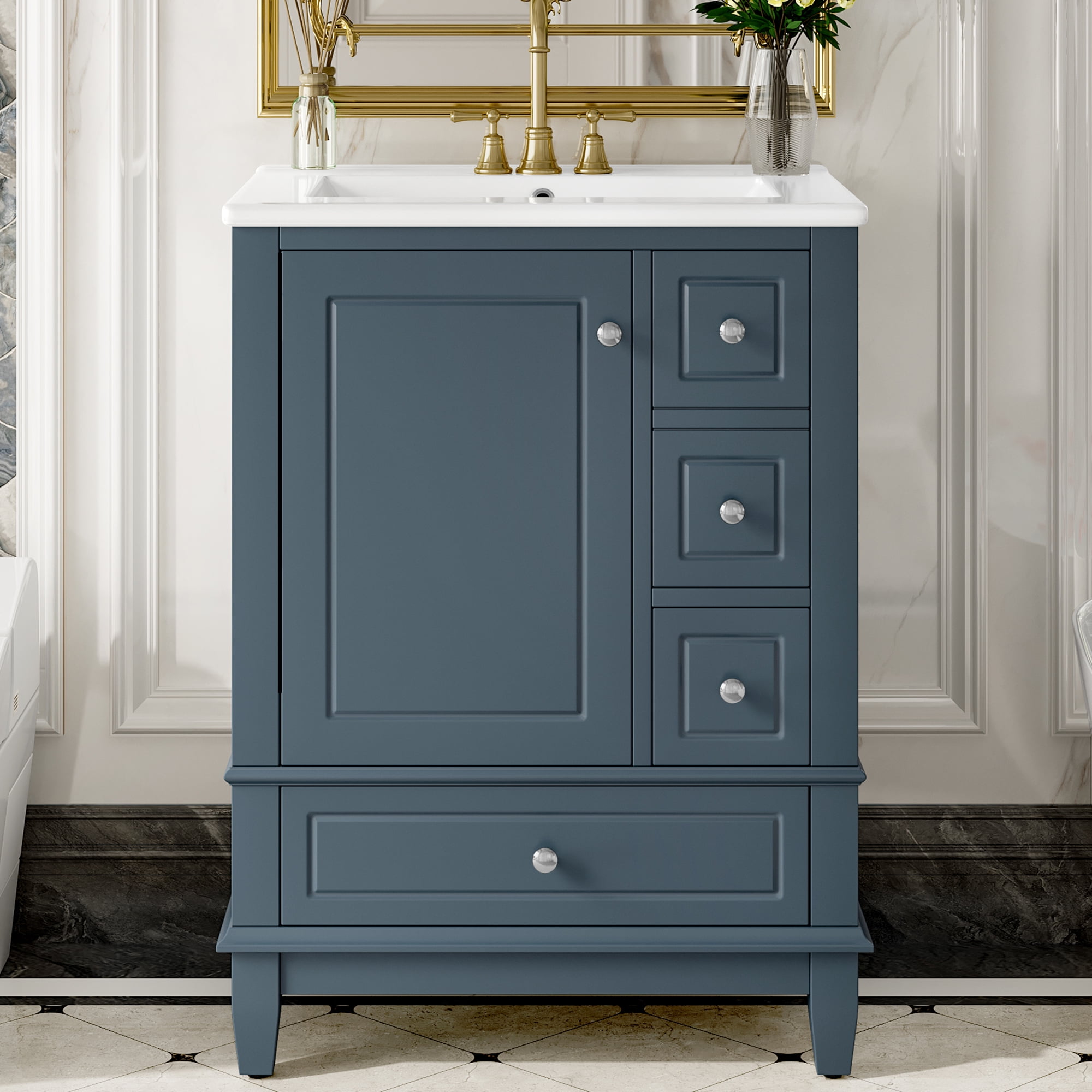Harper & Bright Designs 24" Small Bathroom Vanity with Sink, Bathroom Cabinet Freestanding with Drawers, Modern Bathroom Storage Cabinet with Shelves for Small Space, Blue Gray