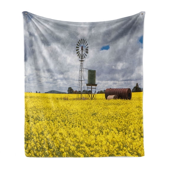 Windmill Soft Flannel Fleece Throw Blanket, Canola Meadow Stormy Day Victorian Goldfields Agricultural Farmland, Cozy Plush for Indoor and Outdoor Use, 50" x 70", Yellow Grey and White, by Ambesonne