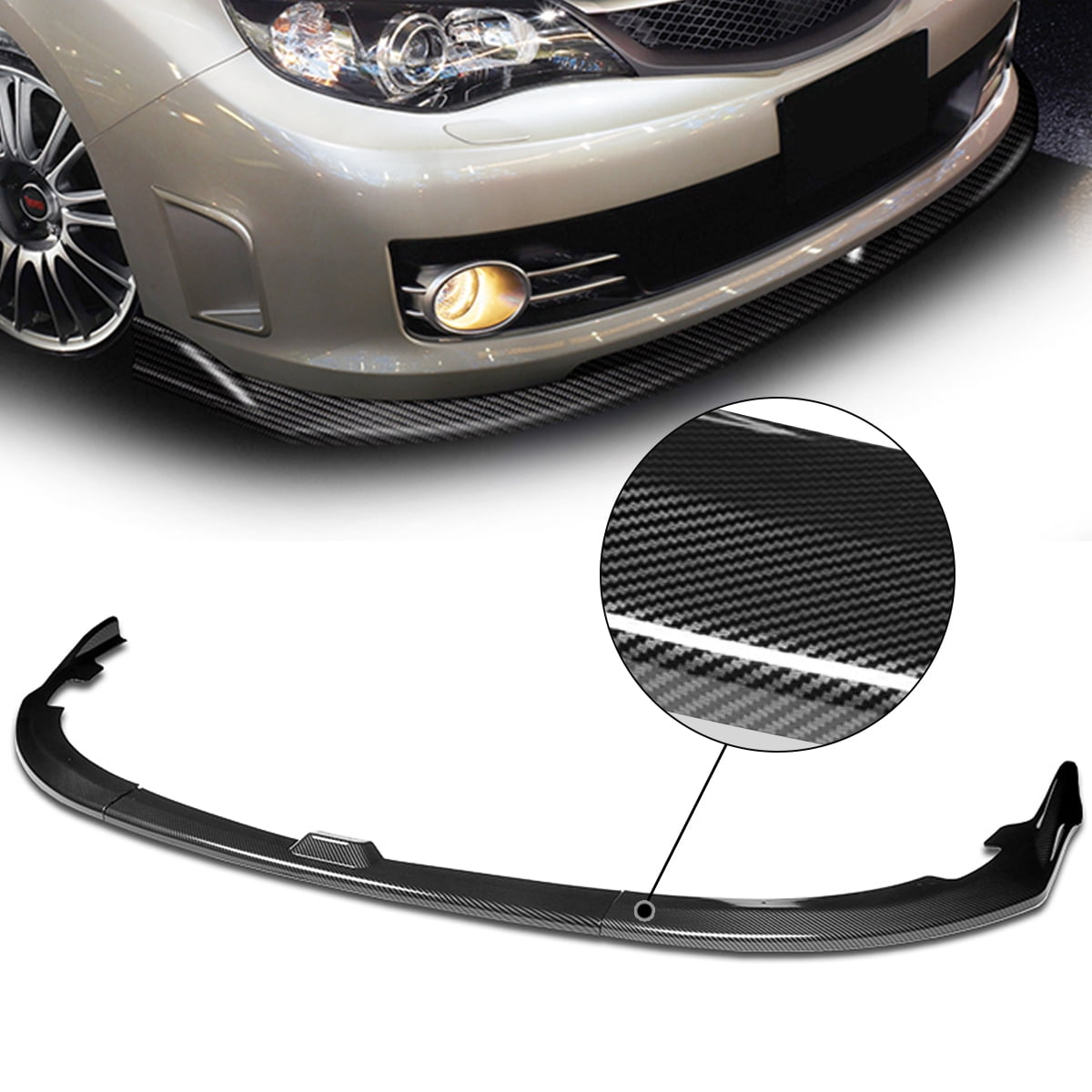 DNA Motoring 2-PU-690-PCF 3Pc Carbon Fiber Look Front Bumper Lip With Vertical Stabilizers Replacement For 15-18 C-Class 