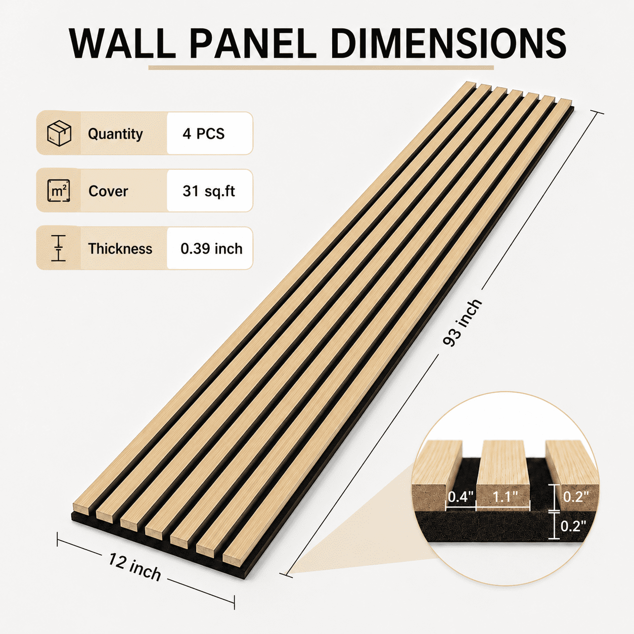 Yeslife 4-Pack Wood Slat Acoustic Wall Panels, 12 in. x 93 in., Oak MDF, Sound Absorbing, Interior Accent Wall, 31 sq. ft.