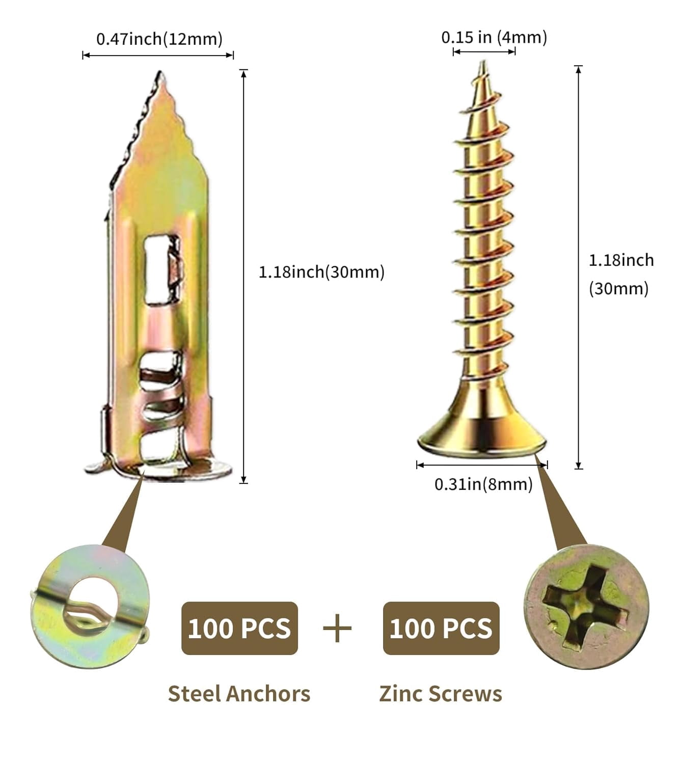 200Pcs Drywall Anchors with Screws Kit, Self Drilling Drywall Anchors, 100Pcs Sheetrock Anchors and 100Pcs Screws, Furniture Anchors No Drill