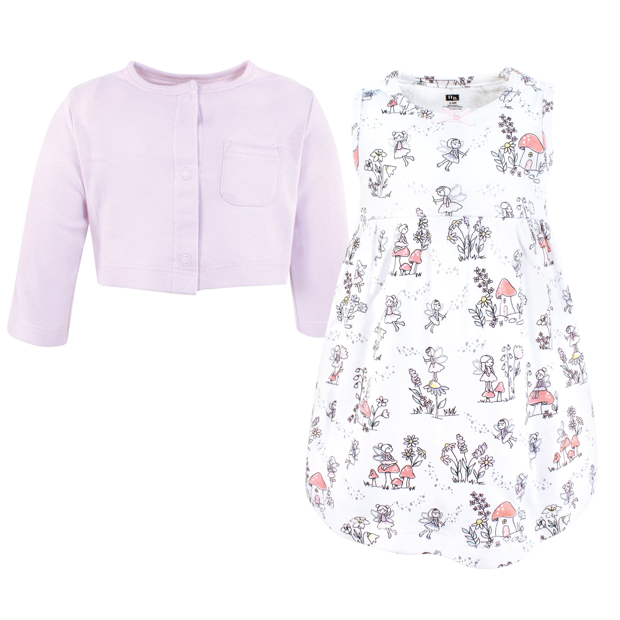 Hudson Baby Infant and Toddler Girls Cotton Dress and Cardigan Set, Garden Fairies, 6-9 Months