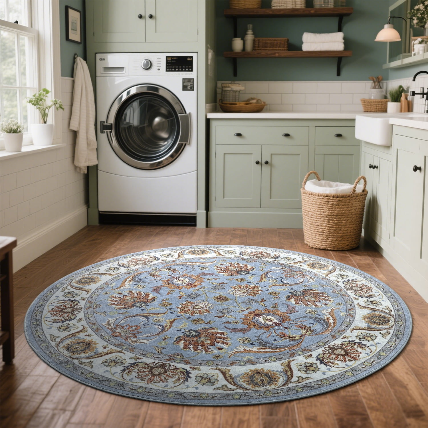 Cydiria Blue Round Persian Medallion Area Rug Floral Pattern Print Low-Pile Carpet for Living Room, 6' x 6'