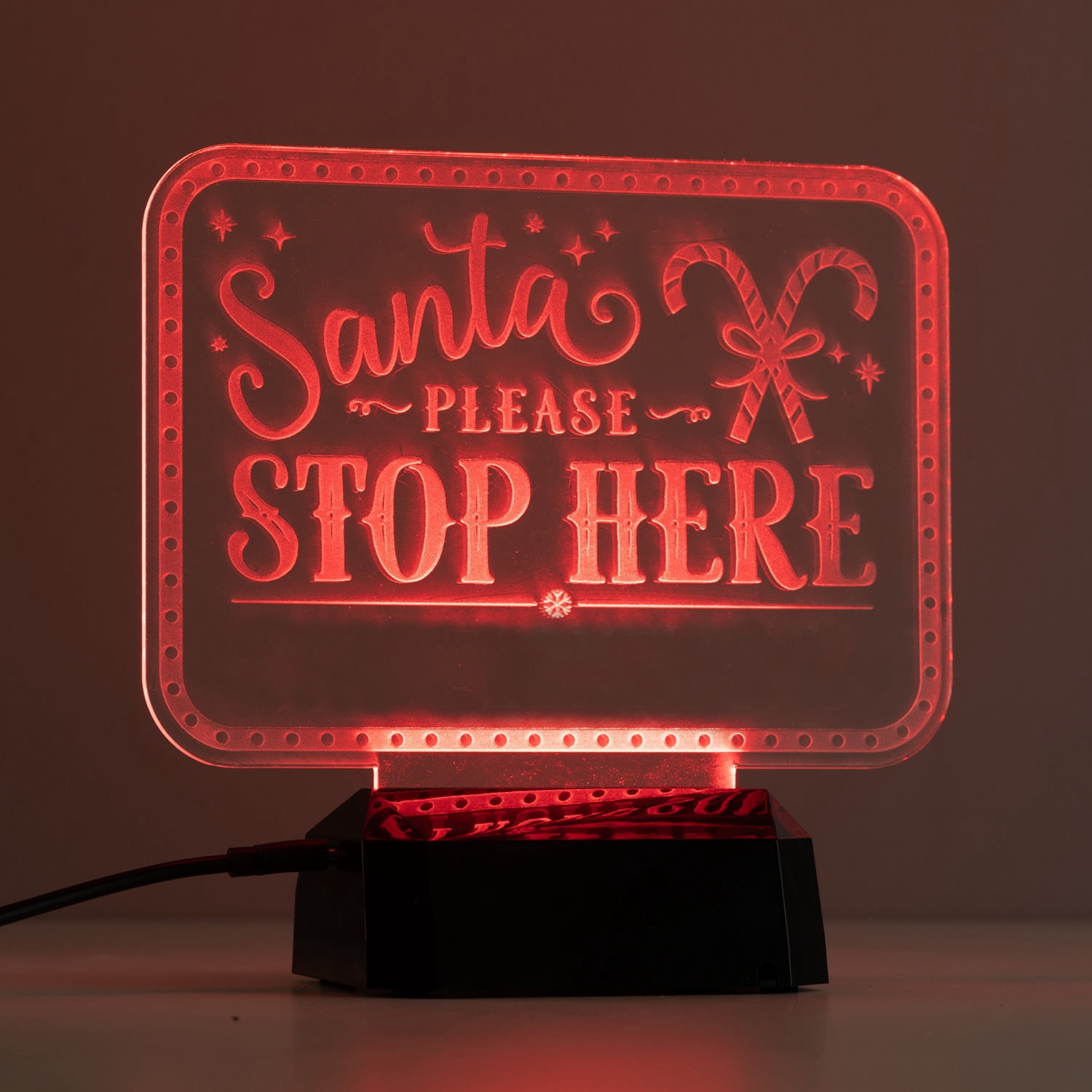 Personalized Planet Santa Stop Here Multicolor LED Christmas Night Light with Custom Name Laser Engraved on Acrylic Design Insert