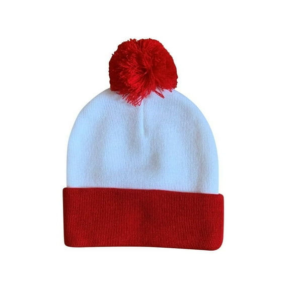 COUVER White Red Pom Pom Cuff Beanie Hat 12" for Costume or Winter, 1PC