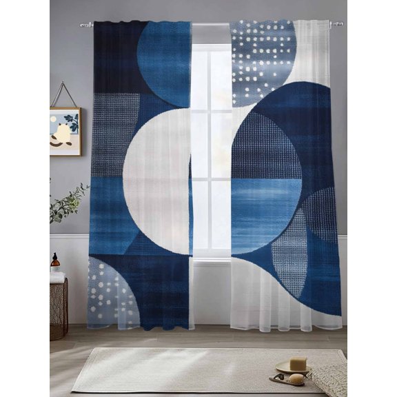 Navy Blue Boho Sheer Curtains for Living Room Bedroom White Circle Abstract Art Sheer Curtains 84 Inch Long 2 Panels Set Light Filtering Curtain Window Treatments Drapes for Dining Room
