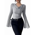 thumbnail image 1 of Women Long Sleeve Cowl Neck Ribbed Knit Fall Shirts Slim Fit Ruched Going Out Crop Tops Basic T-Shirts Gray XL, 1 of 9