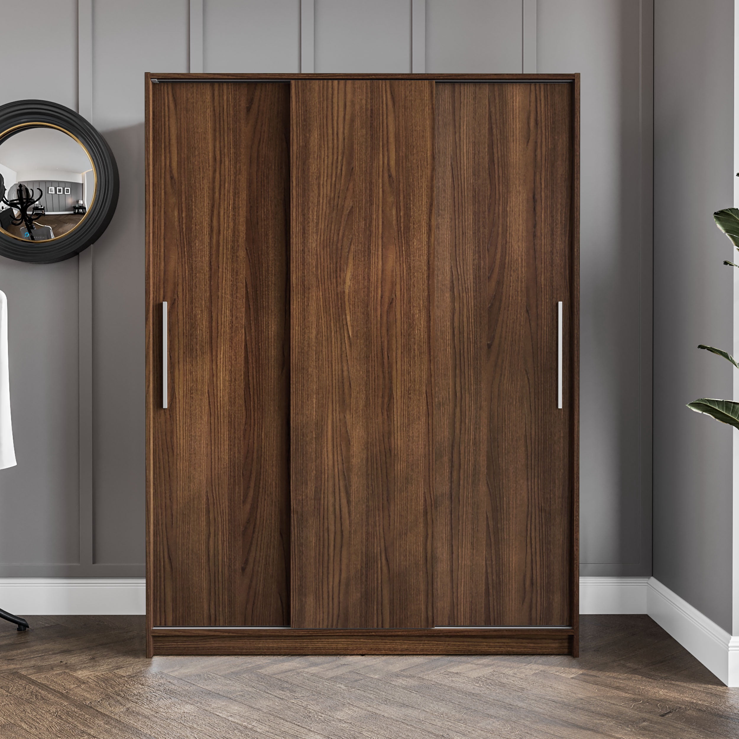 Polifurniture Denmark 71 in. Modern Bedroom Armoire with 3 Sliding Doors, 2 Drawers, Shelves & Hanging Rod, Walnut