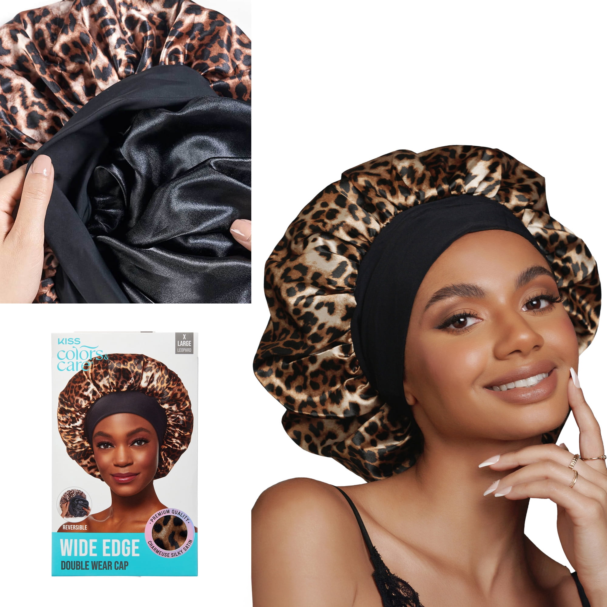 (2 pack) Kiss Colors & Care Silky Satin Wide Edge Reversible Double Wear Cap, XL, Leopard & Black