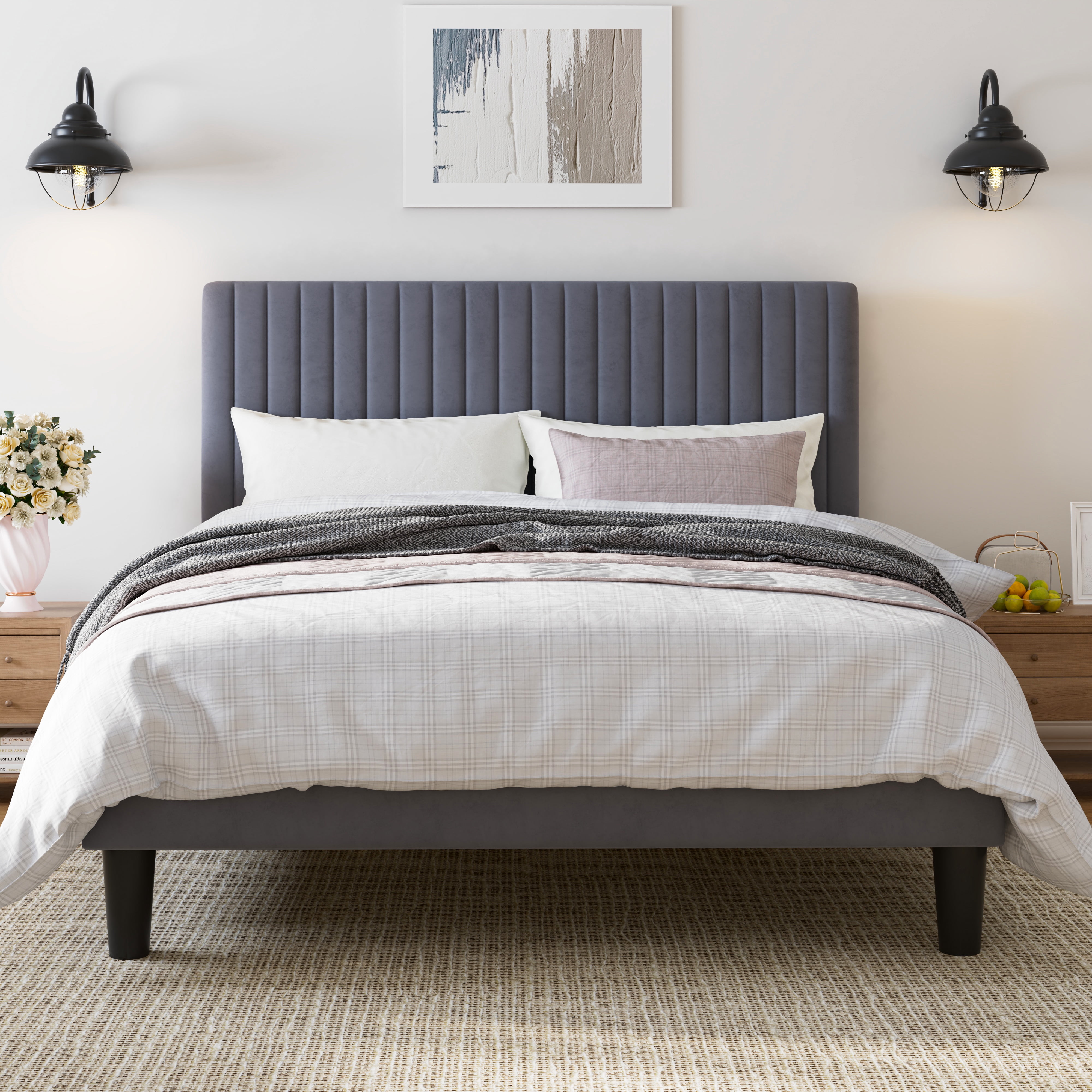 Amolife Queen Size Upholstered Platform Bed Frame with Adjustable Velvet Headboard, Grey