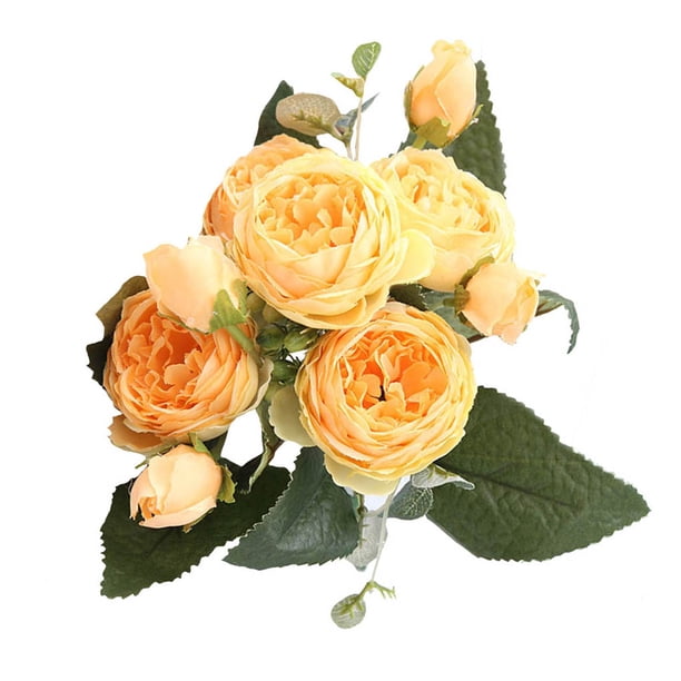 Ramo de flores 5 cabezas Capullos de rosas artificiales Boda decorativa Tela de seda de plástico Flor falsa, Amarillo Kearding HA6434-02B
