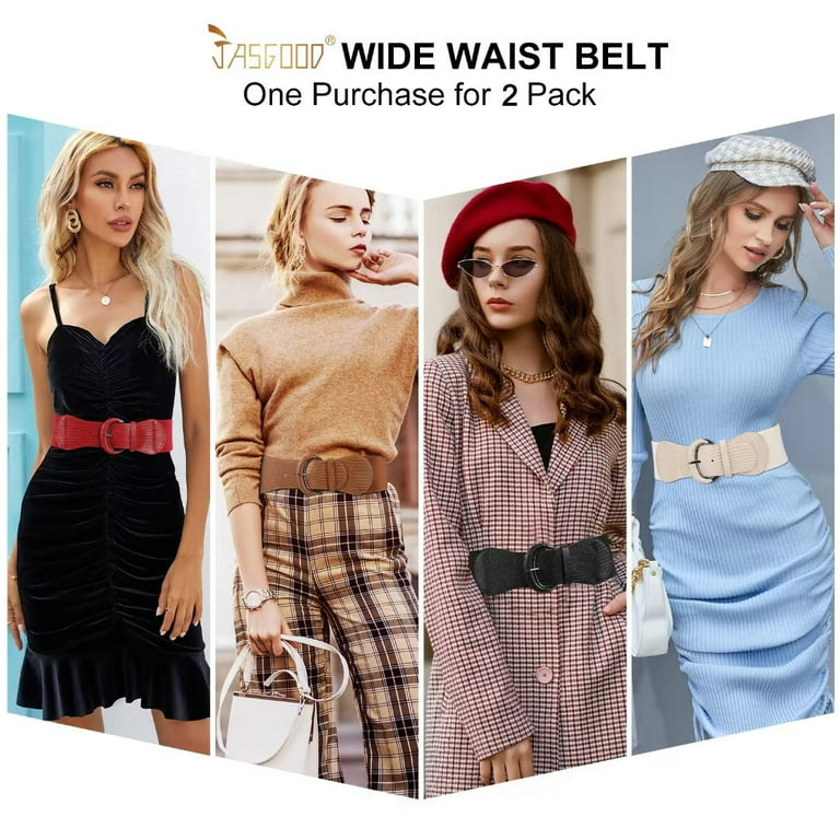 JinYu 2 Set PU Leather Elastic Wide Belt for Women Ladies Dress Stretch  Thick Waist Belts, Black and Brown