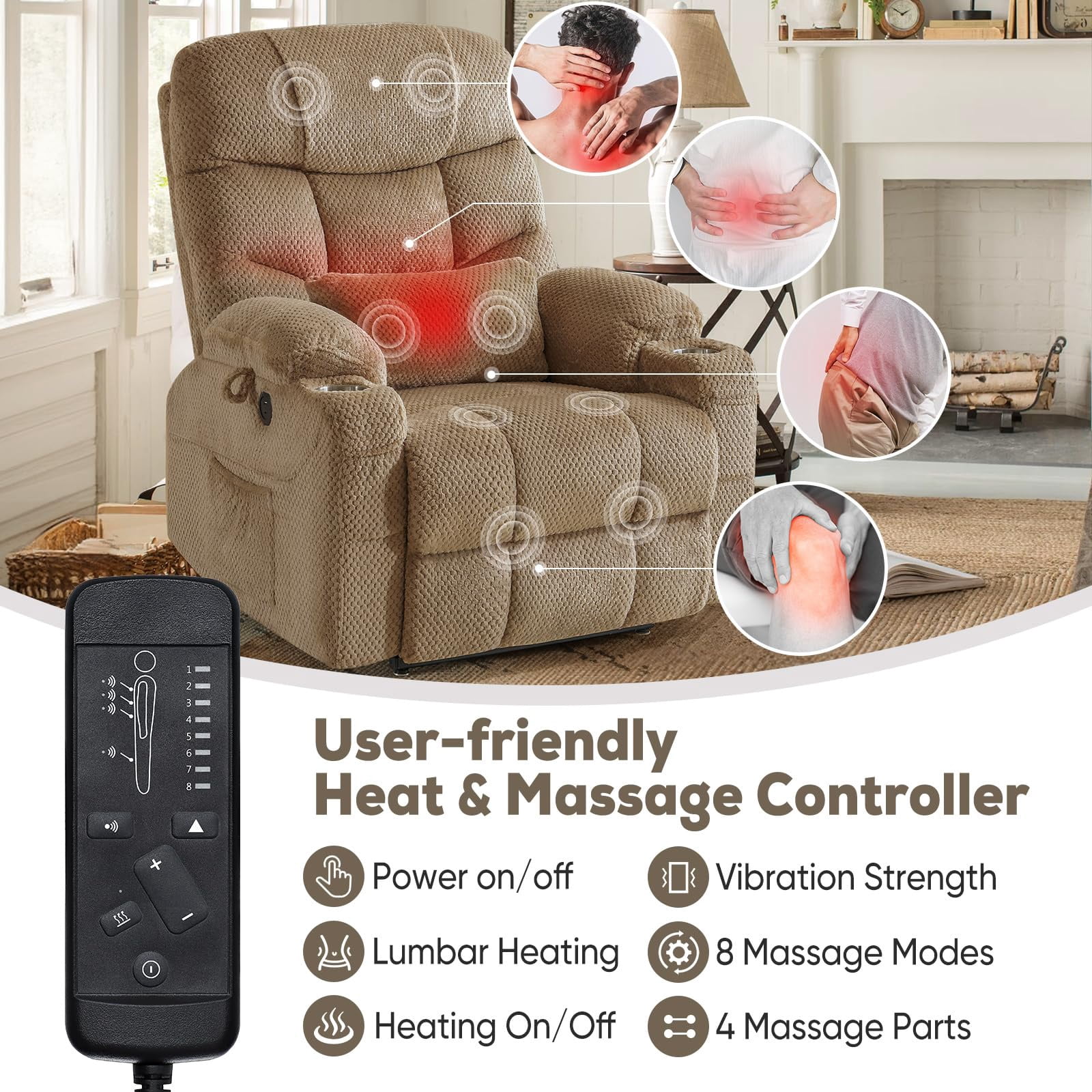 JULY'S SONG Dual Motor Lay Flat Power Lift Recliner Chair with Heat and Massage, USB & Type-C Ports, Large Recliners for Living Room, Oversized Recliner for Adults & Elderly - Beige