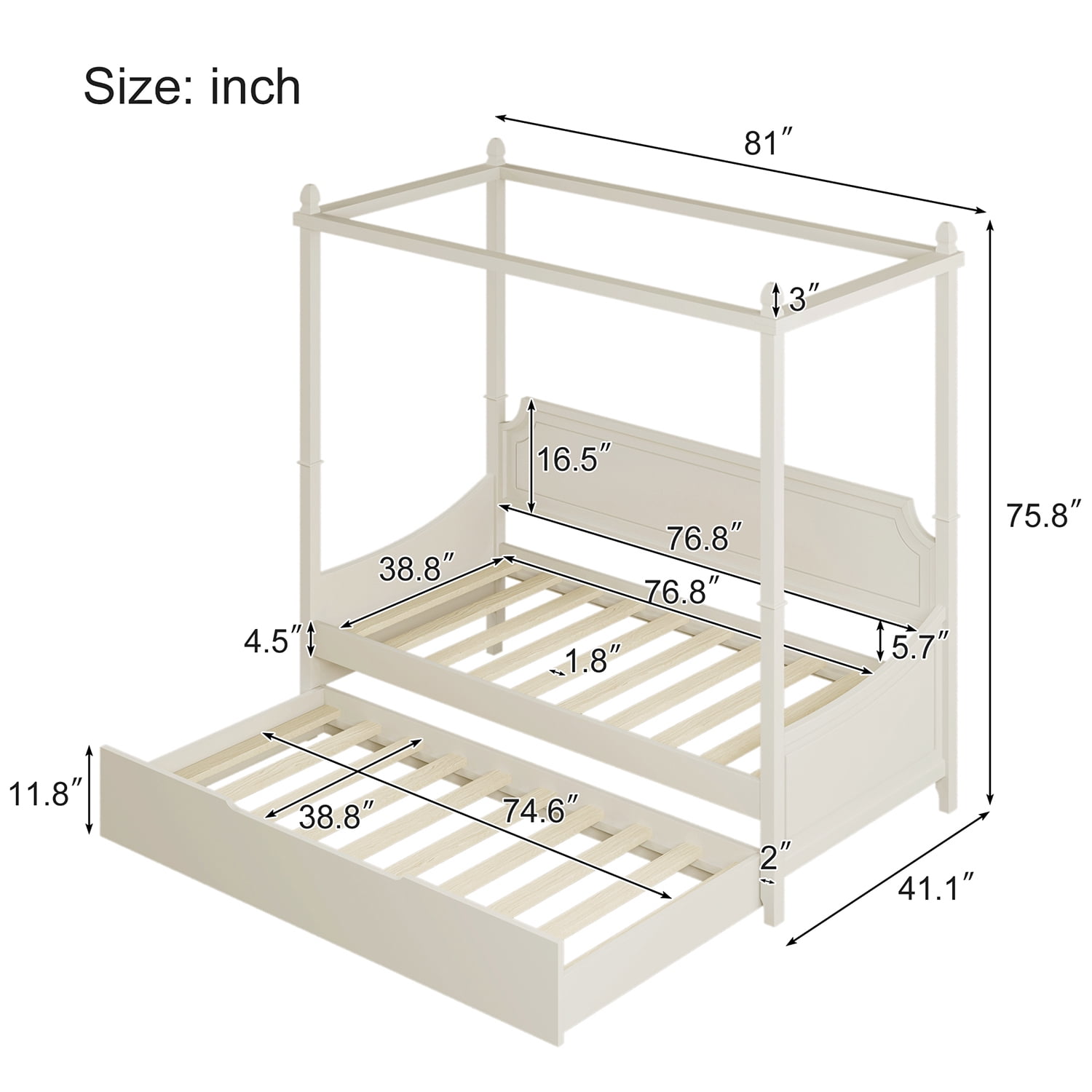Kadyn Milky White Canopy Daybed, Twin Size Canopy Daybed Frame with Trundle Four Square Columns, Solid Wood Platform Bed Canopy Daybed Frame for Kids Adults Bedroom Dorm, White