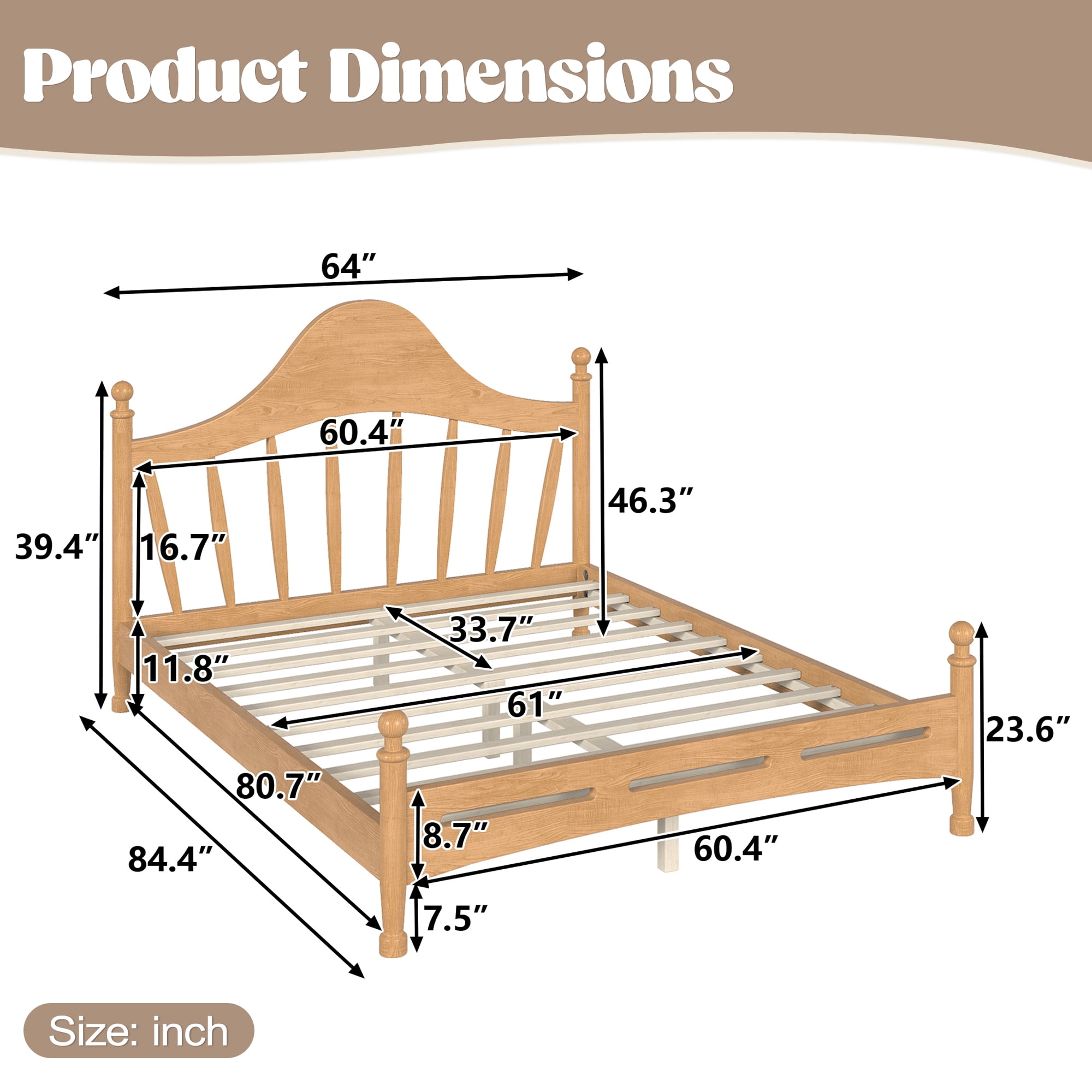 Leumius Queen Size Platform Bed with Chic Headboard, Solid Wood Bed Frame with Slatted Support, Low to Ground Design for Bedroom Natural