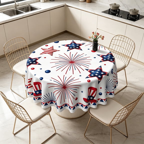 YHAICO 4th of July Tablecloth Round - Waterproof Patriotic Table Cover, Red White Blue Star Flag Polyester Table Cloth, 60 Inch