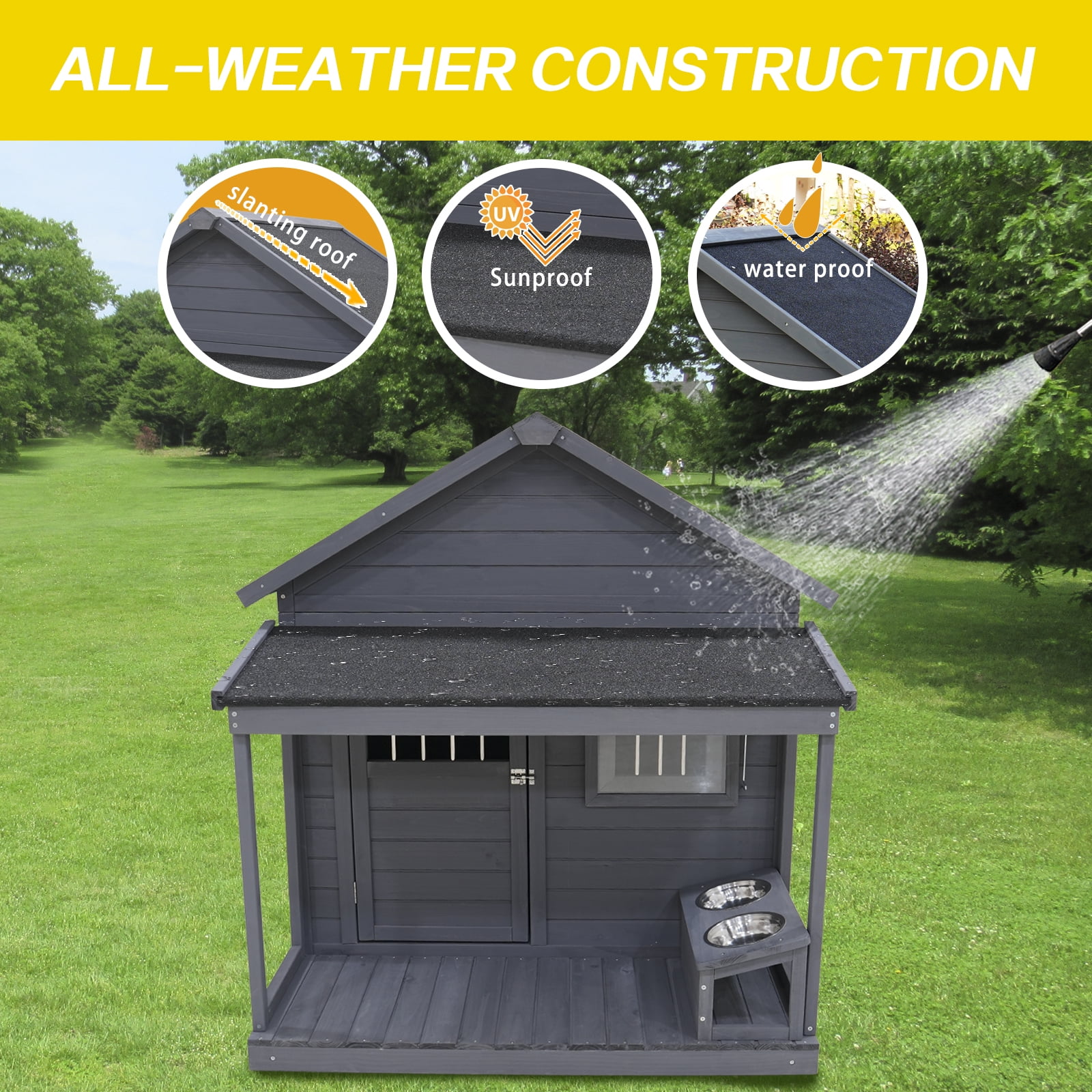 imerelez Large Dog House with Terrace 44.2"x44.6"x44.6" Solid Wood Weatherproof Outdoor Kennel for Dogs up to 80lbs, Gray