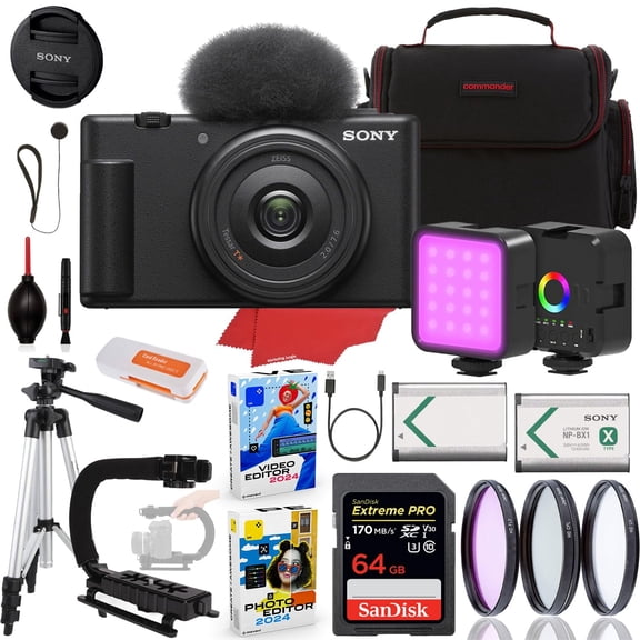 Sony ZV-1F Vlogging Camera (Black) International Version (No Manufacturer Warranty) w/ 64GB Extreme   LED Video Light   Stabilization Grip   Tripod   Case   Filter Kit (23-Pc Bundle)
