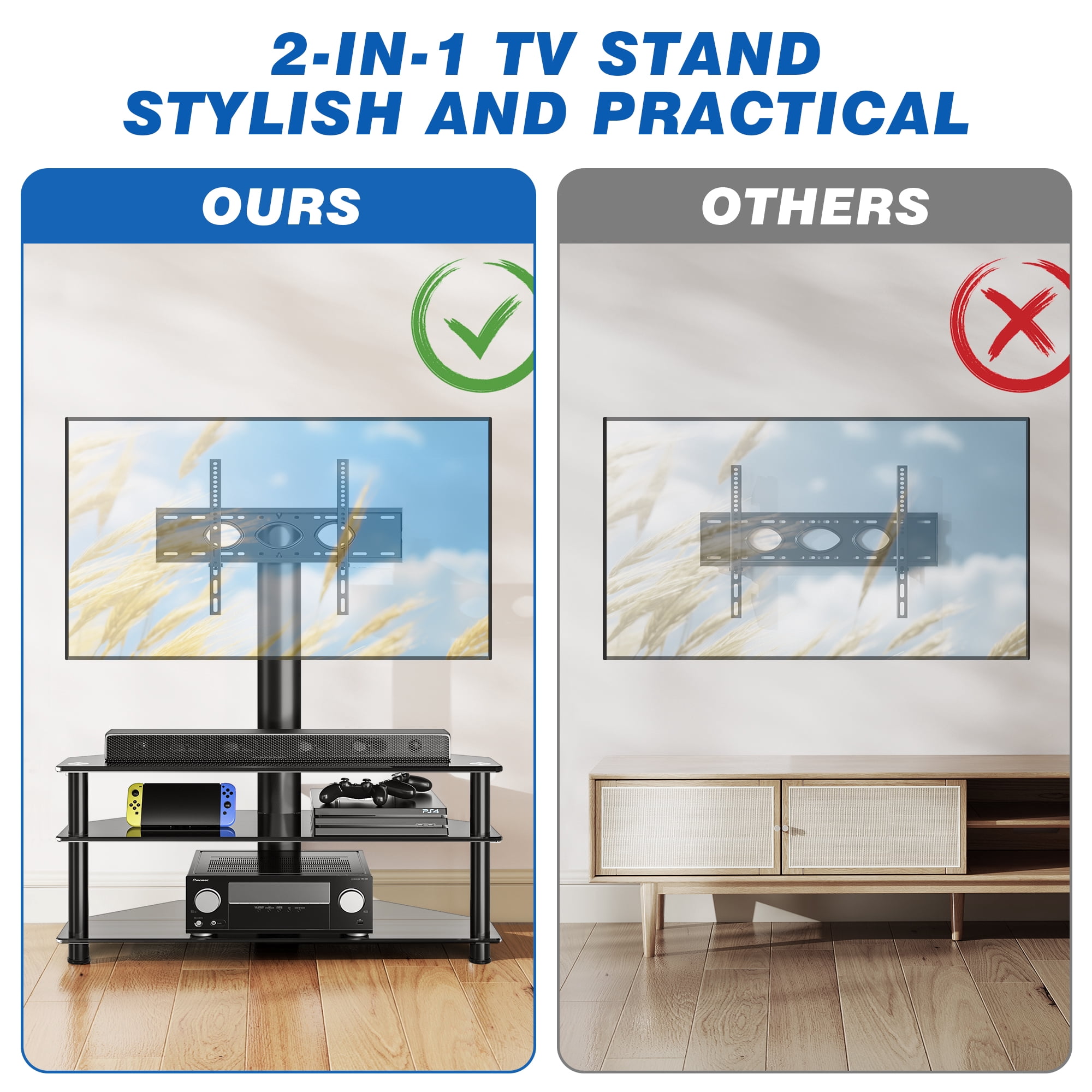 RTVR 3 in 1 Entertainment Center TV Stand with Glass Shelves for up to 70 inch Screens, Swivel Adjustable TV Mount Stand, Max VESA 600X400mm
