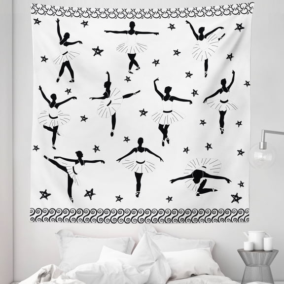 Ballet Tapestry, Classic Dancers in Baroque Medieval Ballerina Dress with Stars and Scrolls, Fabric Wall Hanging Decor for Bedroom Living Room Dorm, 5 Sizes, Black and White, by Ambesonne