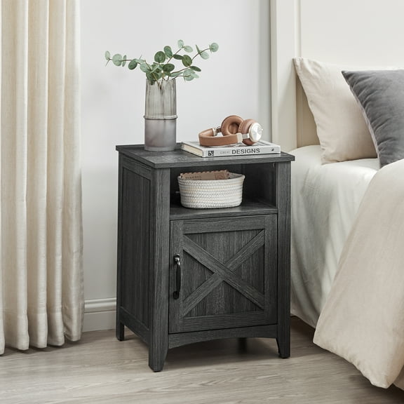 Farmhouse Nightstand with Barn Door Bedside Table with Storage, Side End Table, Night Stand Featuring Open Compartment for Bedroom, Charcoal Gray
