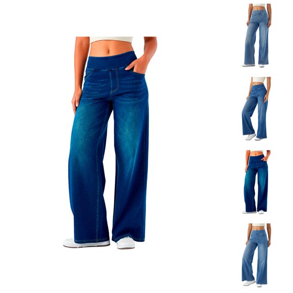 Womans Jeans 2026 Trendy Stretchy High Waisted Straight Leg Wide Leg Loose Fit Denim Pants with Pockets
