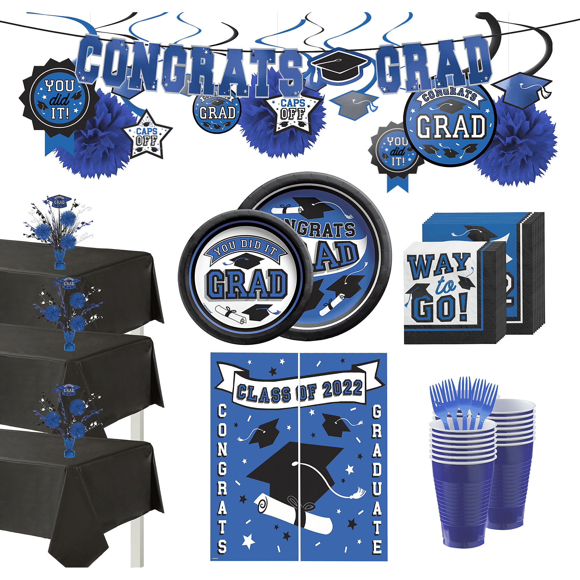 Congrats Grad Banner Blue Graduation Decorations Class of 2024 Graduation Decorations Blue and Sliver Congrats Grad Graduation Plates and Napkins