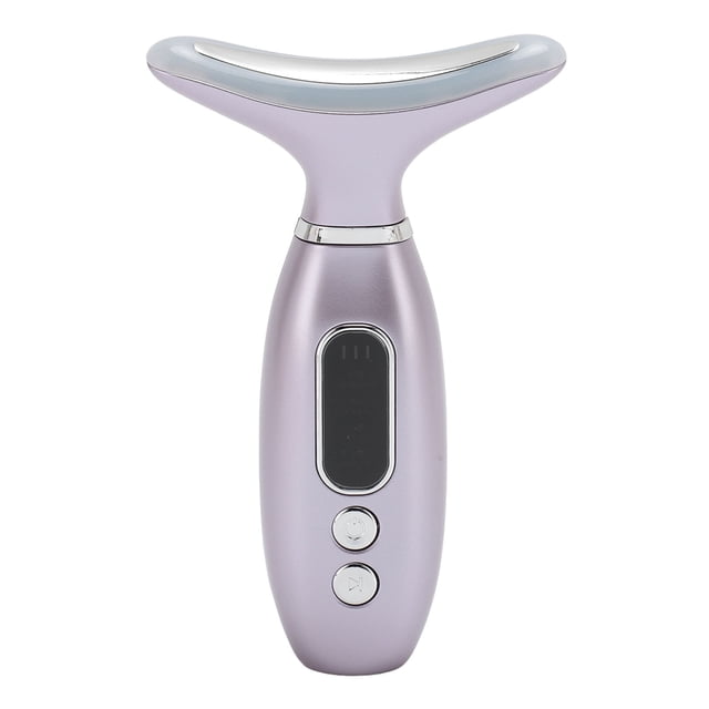 dispositivo y cuello multifuncionales del masaje del massager de la belleza para el material del abs Masajeador eléctrico facial y de cuello lila metálico, vista frontal centrada con cabeza en forma de T; cuerpo de ABS con pantalla rectangular oscura y dos botones circulares plateados, aro cromado en la unión y borde superior reflectante; especificado con batería de litio incorporada 500 mAh y 4 modos en la ficha técnica; a menudo usado para masaje facial suave y drenaje linfático ligero.