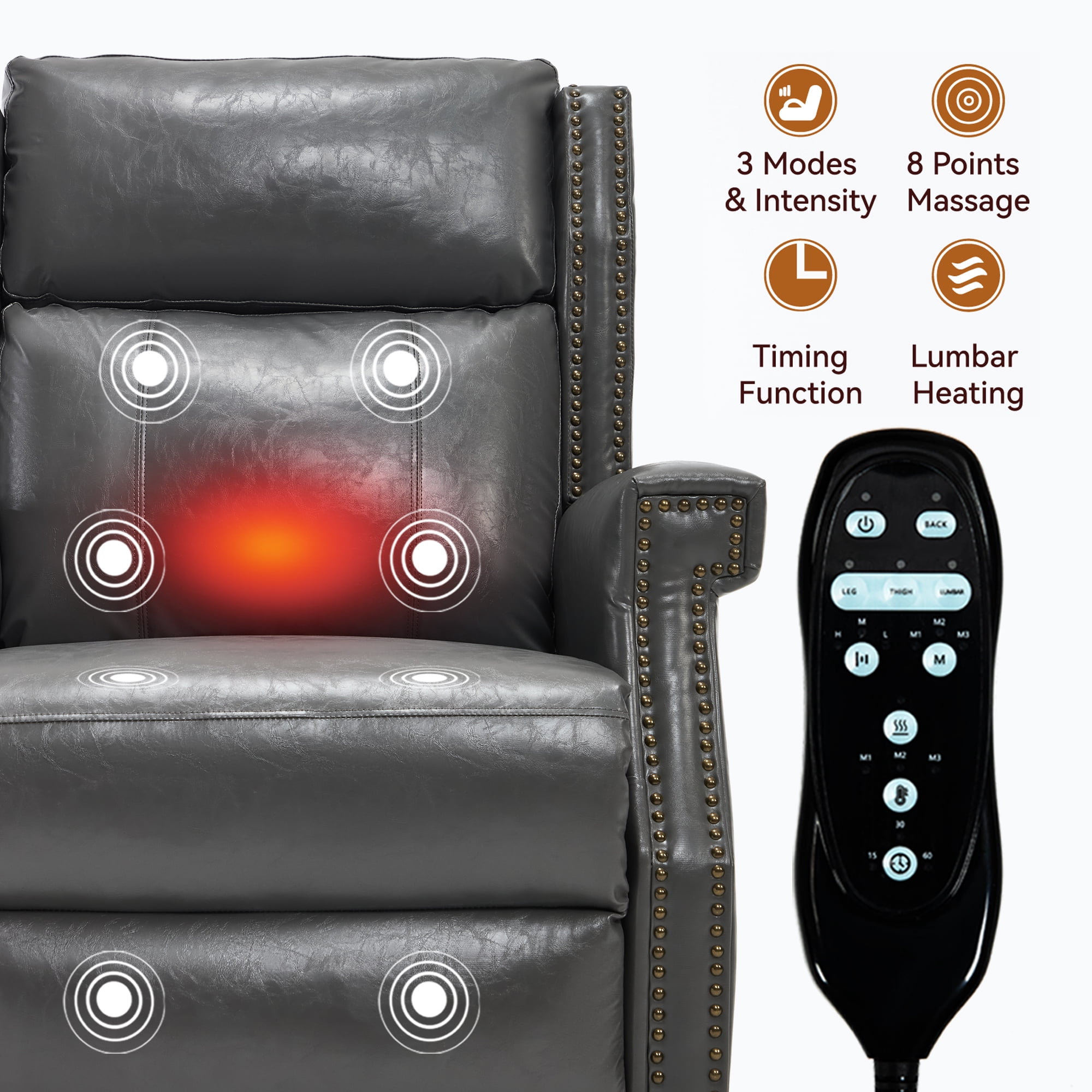 Leumius Recliner Chair for Elderly with Heat and Massage,Heavy Duty Recliners with Side Pockets for Living Room,Gray