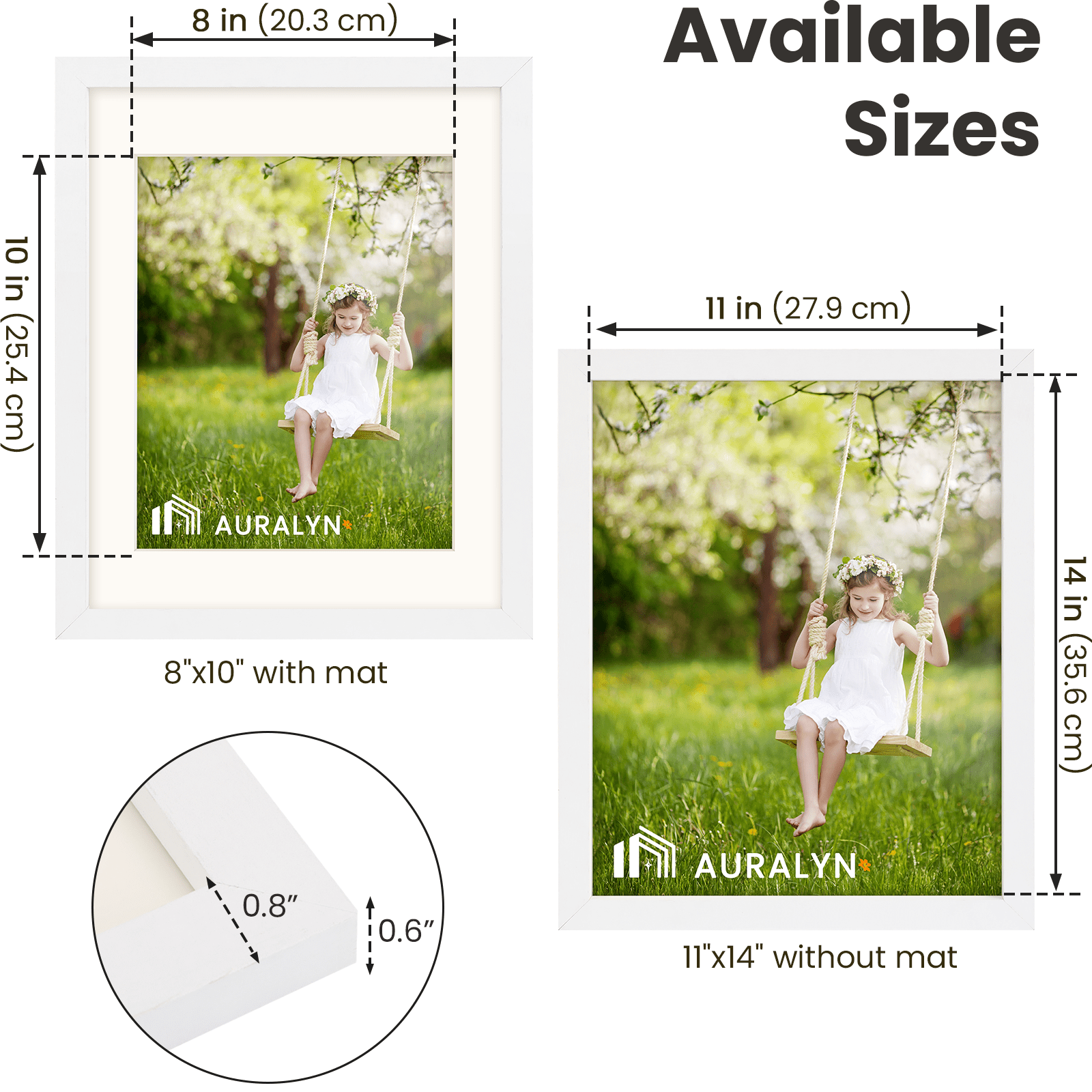 AURALYN 11x14 Picture Frame Set of 3 – Fits 8x10 with Mat or 11x14 Without Mat – Easy to Hang, Finger-Friendly, Includes Hanging Kit (White Wood Grain, 3 Pack)