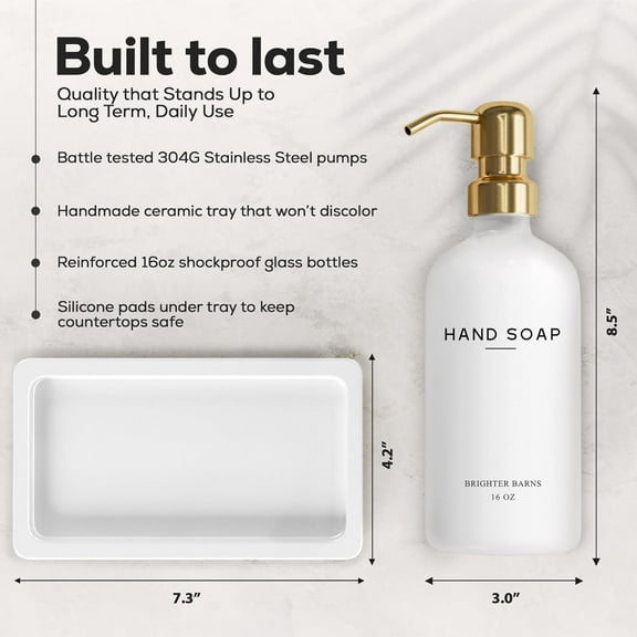 Luxury Glass Soap Dispenser Set with Tray - White and Gold Bathroom Accessories