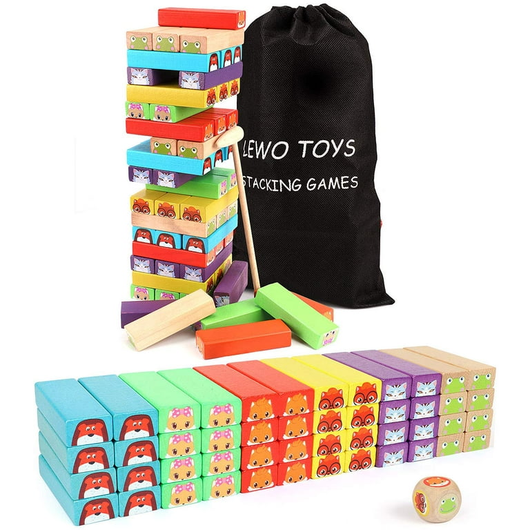 Lewo 54 Pieces Wooden Tumble Tower Board Games with Cute Animals
