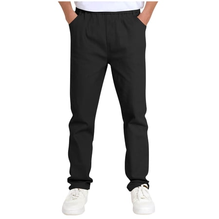 nerohusy Girls Chino School Uniform Pants Button Elastic Waistband Dress Pants Casual Straight Leg Pull On Pant with Pockets Black 11 Years