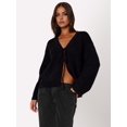 thumbnail image 3 of Women'S Tie Front Cropped Cardigan Sweater V-Neck Open Front Sweater Crochet Cable Ribbed Knit Top Black L, 3 of 6