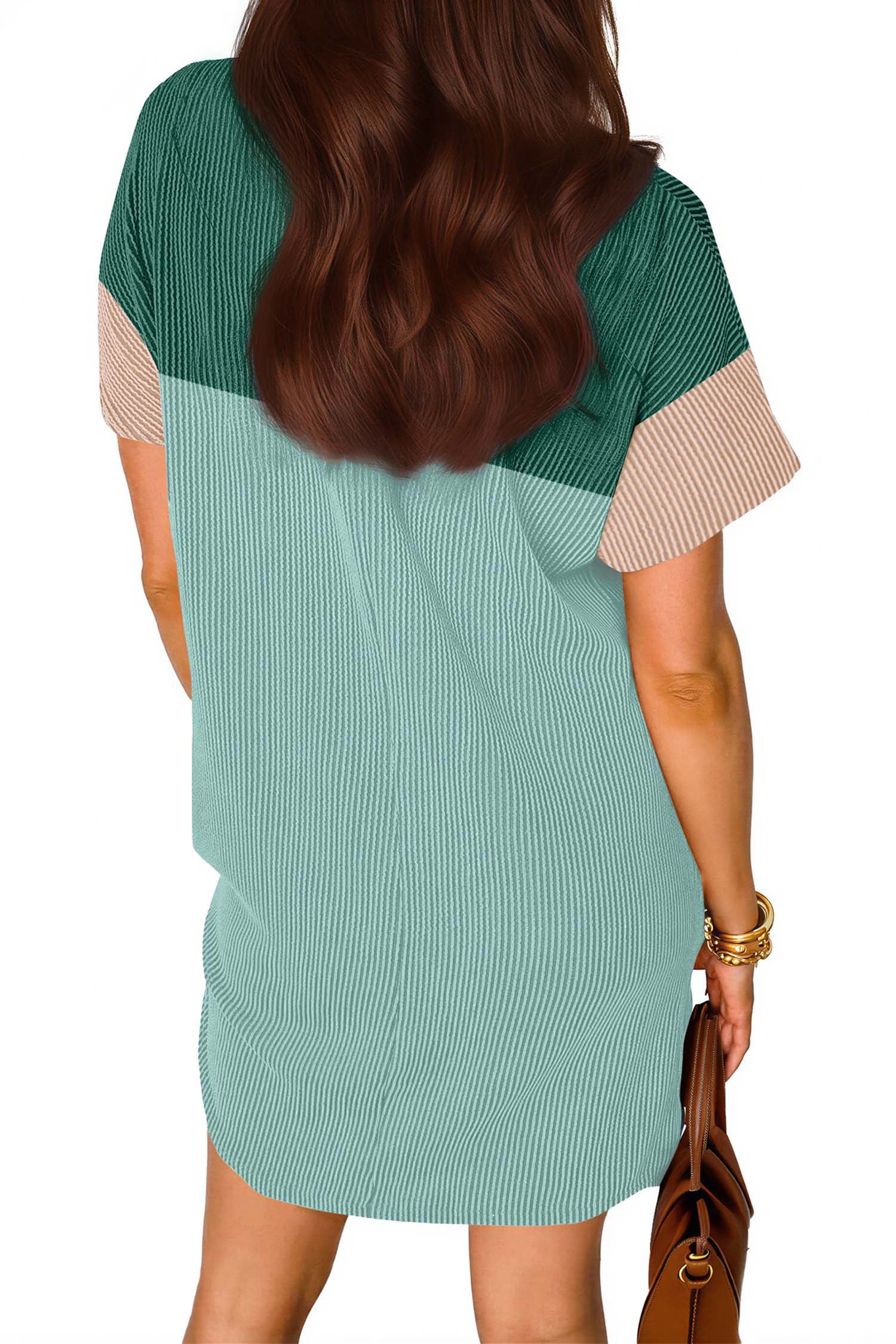 Fantaslook Summer Color Block Dresses for Women Crewneck Short Sleeve T shirts Dress Ribbed Dresses with Pockets